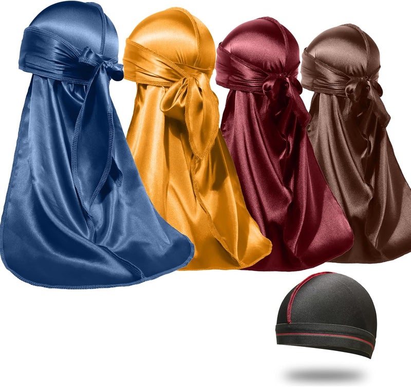 ForceWave 4PCS Silky Durags for Men Women 360 Waves with 1 Wave Cap, Silky Satin Durag Extra Long Tails - Image 1